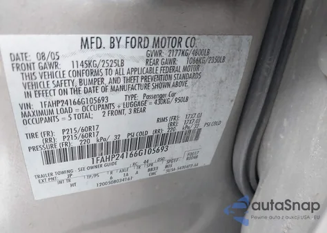 2006 Ford Five Hundred Sel из США, поврежденный, VIN 1FAHP24166G105693